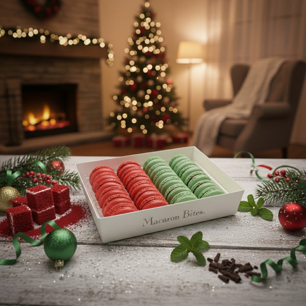 Macaron Bites: 24 French Macarons Gift Box – Red Velvet & Mint Chocolate Holiday Cookies